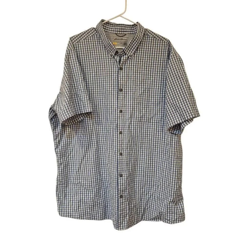 Eddie Bauer Men's Dusty Blue & White Mini Gingham Check Button Down Short Sleeve